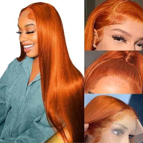 Fiumer 26 Inch Orange Ginger Human Hair Lace Front Wig 13x4 Straight 180% Density