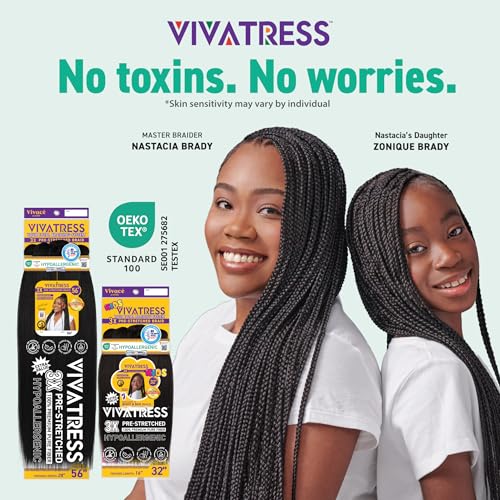 VIVATRESS Pre-Stretched Braiding Hair 56" Natural Black 3 Pack Lightweight Synthetic Yaki Texture Hypoallergenic