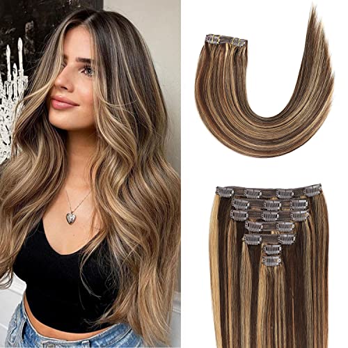Clip in Hair Extensions P4/27 14 Inch Thick Remy Human Hair Set - Brazilian Straight