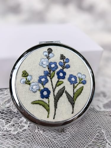 Leimandy Blue ForgetMeNot 4-Pack Embroidered Compact Mirrors – Double-Sided 1x/2x Magnification, Foldable Pocket Makeup Mirrors
