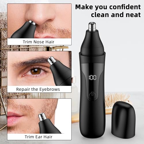 Nose Hair Trimmer, Rechargeable Professional Painless Nose Trimmer for Ear and Eyebrow, with Dual Edge Blades Easy Cleaning and Washing (Black)