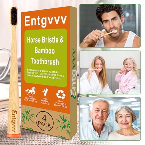 Horse Hair Toothbrush 4 Pack - Natural Bamboo Handle, Biodegradable & Plastic-Free - Variations of HORSE BRISTLE TOOTHBRUSH 4PACK