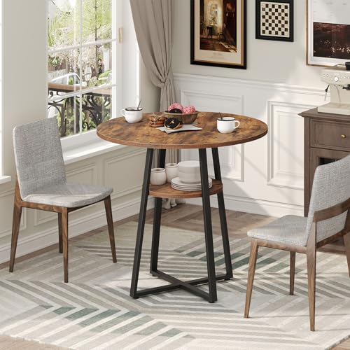 Round Dining Table for 2-4 with Storage Shelf - Rustic Brown & Black, 31.5 Inch