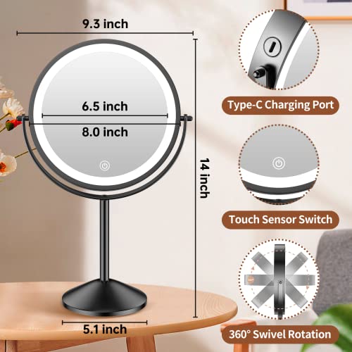 8-Inch Lighted Makeup Vanity Mirror with 3 Color Dimmable Lights, 1X/10X Magnification