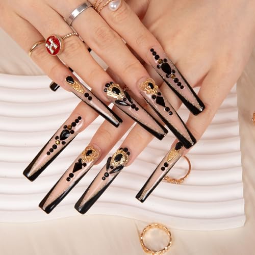 LOVFUL Press on Nails Obsidian Palace Black French Tip | Handmade with Full Covered Crystals | Reusable Full Cover Nails | Square Long 2.2 in | H165-S