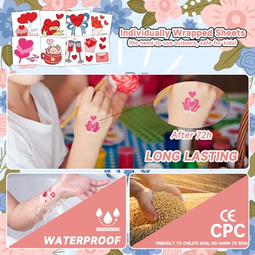 EMOME 408 Individually Wrapped Valentine Temporary Tattoo Stickers for Kids, Cute Heart Temporary Tattoos for Valentine Accessories, Kids Tattoos for Party Supplies Favors Fillers