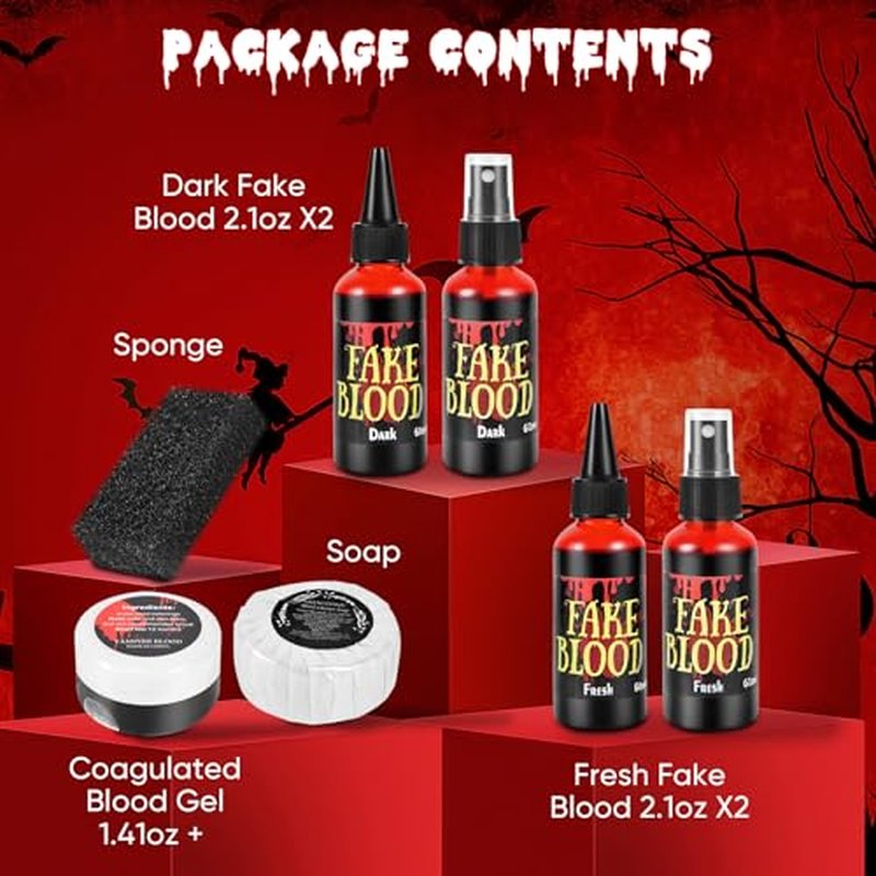 7 PCS Halloween Fake Blood Spray Makeup Kit - Fake Blood 2.1oz X4 + Coagulated Blood Gel 1.41oz + Soap + Sponge, Washable Blood Paint for Clothes SFX Makeup Vampire Accessories, Dark & Fresh