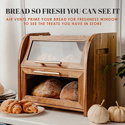 Apace Living Umber Acacia Wooden Extra Large 2-Shelf Bread Box for Kitchen Countertop