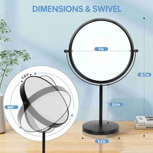 9-Inch Double-Sided Makeup Mirror with Magnification & Swivel Stand - Matte Black