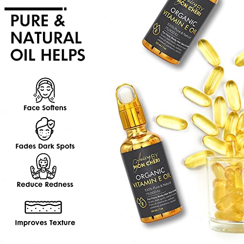 Pure Organic Vitamin E Oil - 1oz Dropper | Soften, Fade Dark Spots & Redness, Scars, stretch marks Improve Texture