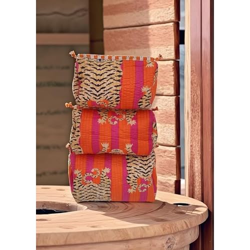 Quilted Cotton Tiger Print Travel Toiletry Bags, Cosmetic Organizer Set, Pink and Orange
