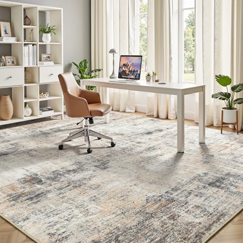 Grey & Gold 9x12 Area Rug - Abstract Washable Non-Slip Living Room Carpet