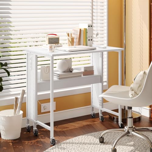 White Folding Computer Desk with Power Outlets - Portable Rolling Office Table