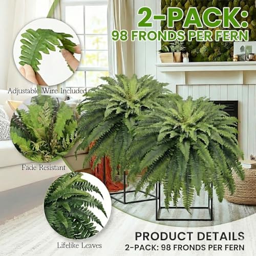 Dark Green 2-Pack 50-Inch Artificial Ferns for Outdoor & Indoor Decor