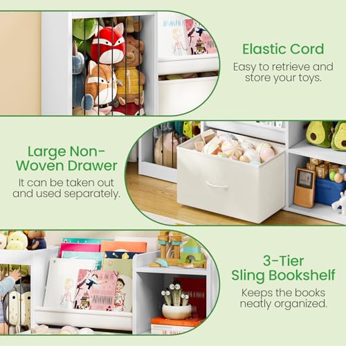 Kids Bookshelf with Stuffed Animal Storage - 3-Tier Organizer, Large Fabric Drawer, White