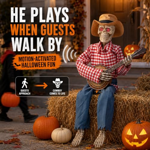 Halloween Animatronics Skeleton with Banjo - Sound & Light Activated Decor - Variation of Banjo Playing Skeleton