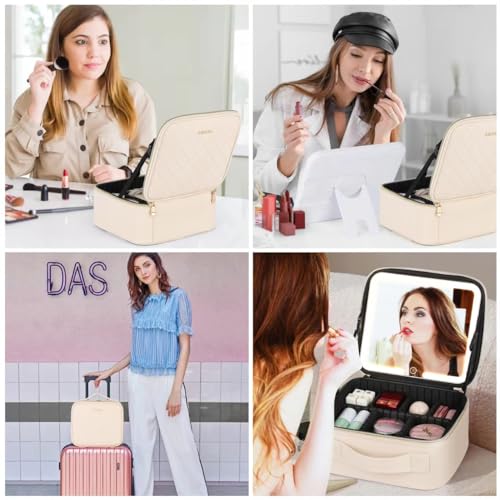 Travel Makeup Bag with Lighted LED Mirror & Adjustable Dividers