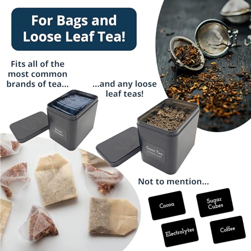 Black AllSpice Tea Organizer Rack with 9 Tins & Magnetic Labels – Kitchen Storage