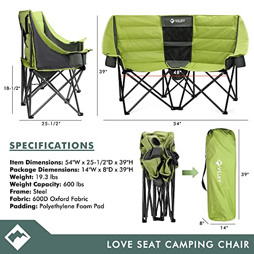 Green VILLEY Double Camping Chair with Cooler Bag, Wide Loveseat, Heavy Duty Foldable Couch, Portable Steel Frame, 600 lbs Capacity