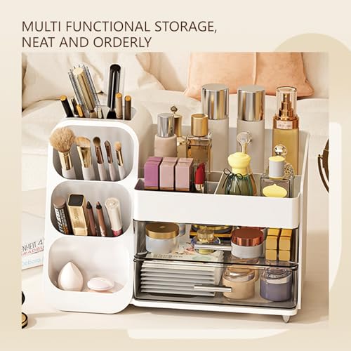 Makeup Organizer with Drawers, Large Capacity Cosmetics Display Case, stationery storage box, bathroom beauty storage suitable for your beauty essentials (white)