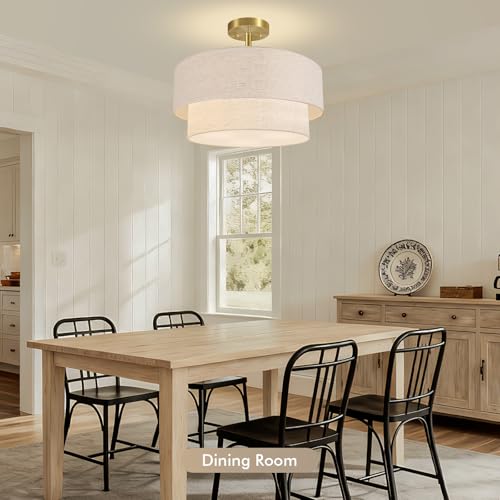 Semi Flush Ceiling Light 16.5'' with Linen Shade - Gold & Beige Variation