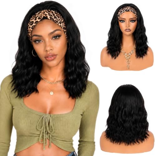 Black Short Wavy Headband Wig for Women 14 Inch Synthetic Tangle-Free Natural Look - Variation: Black Wavy 14 Inch