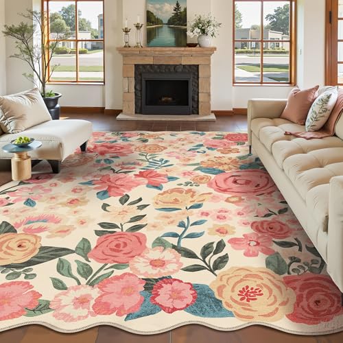Scalloped Beige Floral Area Rug 8x10 - Washable Vintage Carpet for Living Room