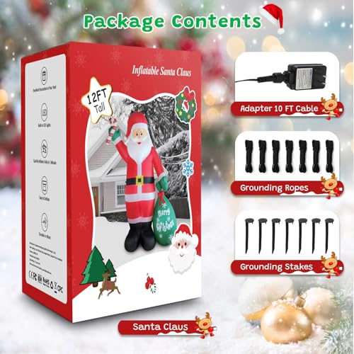12FT Inflatable Santa Claus with LED Lights, Candy & Gift Bag Yard Decor