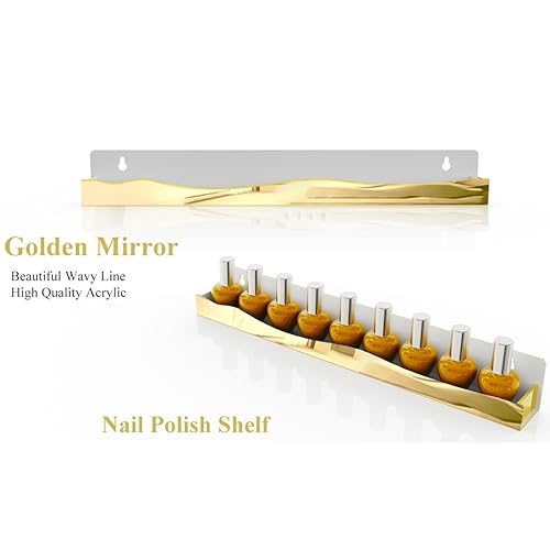 6 Pack Nail Polish Wall Rack Mirror Gold Acrylic Wall Mount Ledges with Stopper 15 Inch Kids Bookshelf Tattoo Ink Essential Oils Figurine Display Shelves Spice Rack for Salons Retailers Home