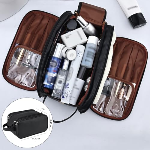 Large Travel Toiletry Bag for Men, Water-Resistant PU Leather Dopp Kit, Multi-Compartment Organizer, Large Capacity Cosmetic & Accessories Bag, Men's Grooming Kit, Waterproof Toiletries Case