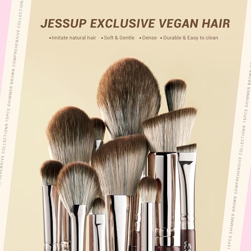 Jessup Shimmer Brown Makeup Brush Set with 15 Professional Brushes for Face & Eyes