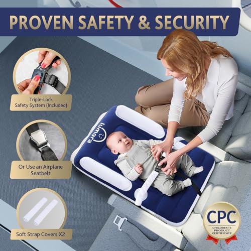 LUMARA Premium Blue Toddler Inflatable Airplane Bed - Travel Child Mattress with Safety Straps