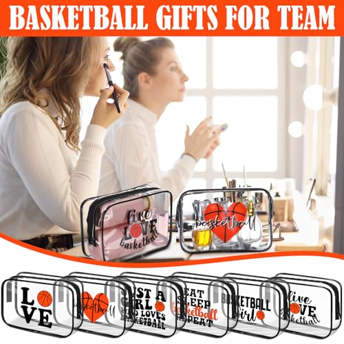 Reginary 12 Pcs 7 x 4.7 x 2.4'' Basketball Makeup Bag Clear Cosmetic Case Basketball Team Gifts Sport Goodie Bag Stuffers Accessories for Woman Toiletry Zipper Pouch Team Party Favors
