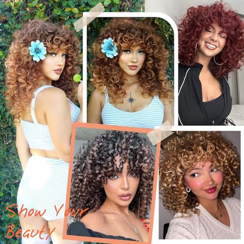 SweeceHair Ombre Blonde 14 Inch Curly Wig for Black Women with Bangs | Glueless Heat-Resistant Synthetic Wig