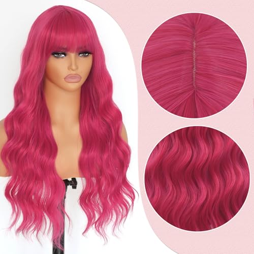 Pink Long Loose Wavy Wig with Bangs - 24 Inch Synthetic Heat-Resistant Hairpiece - Variation: Pink 1