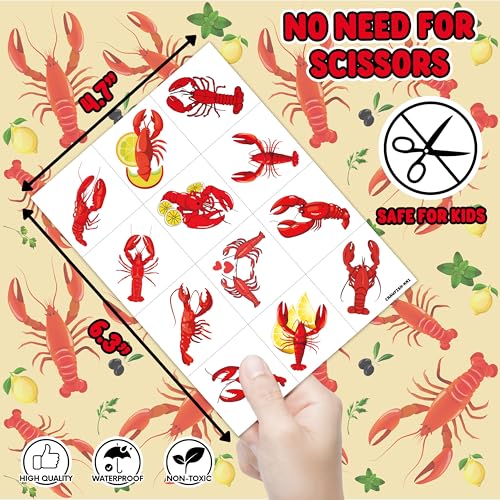 96PCS Crawfish Boil Pre-Cut Temporary Tattoos Themed Birthday Party Supplies Favors Decorations Summer Seafood Lobster Crayfish Shrimp Tattoo Stickers Gifts For Boys Girls Kids School Prizes Carnival