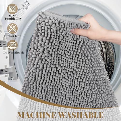 60 x 36 Inch Grey Chenille Bath Rug - Soft, Absorbent, Quick Drying Bathroom Mat with Rubber Backing