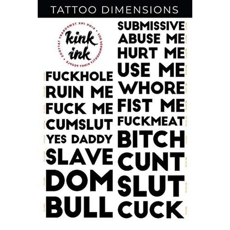 19 x Block Word Temporary Tattoo Lettering in Black Sexy Kinky A4 Sheet