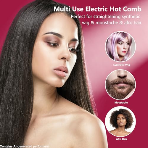 Pink Electric Hot Comb 180-500°F with Adjustable Temperature for Wigs & Hair Styling