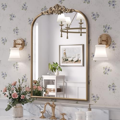 Antique Gold Arch Mirror 24x32 in. with Ornate Metal Frame - Brauthon