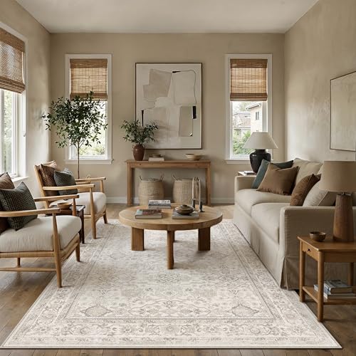 Vintage Floral Area Rug - 6x9 Beige Washable Rug for Living Room - Retro Style