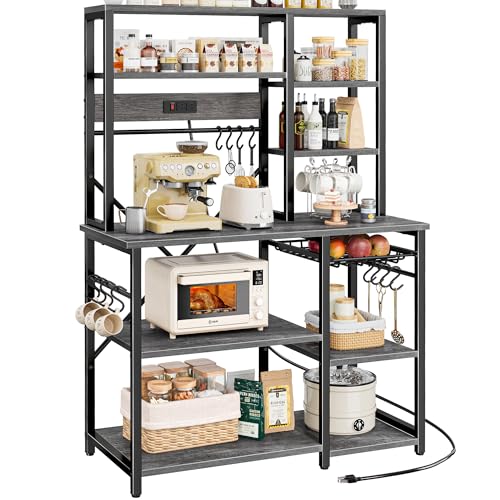 SUPERJARE Charcoal Gray Large Bakers Rack with Power Outlets, 39.4 Inch Microwave Stand