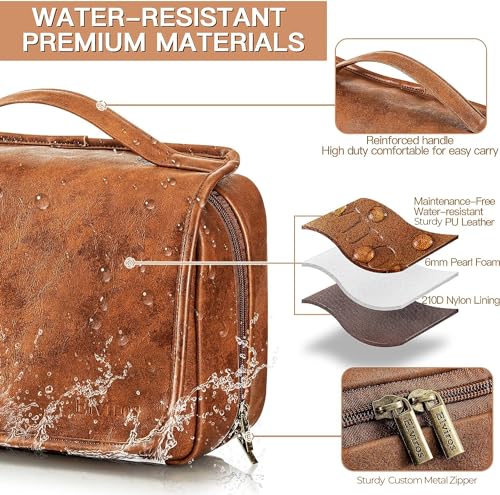 Men's PU Leather Hanging Toiletry Bag with Detachable Compartments - Brown