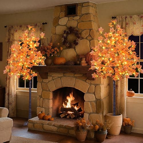 LIGHTSHARE 6ft 2-Pack Lighted Maple Trees with 240 Warm White LEDs Indoor Outdoor Fall Decor
