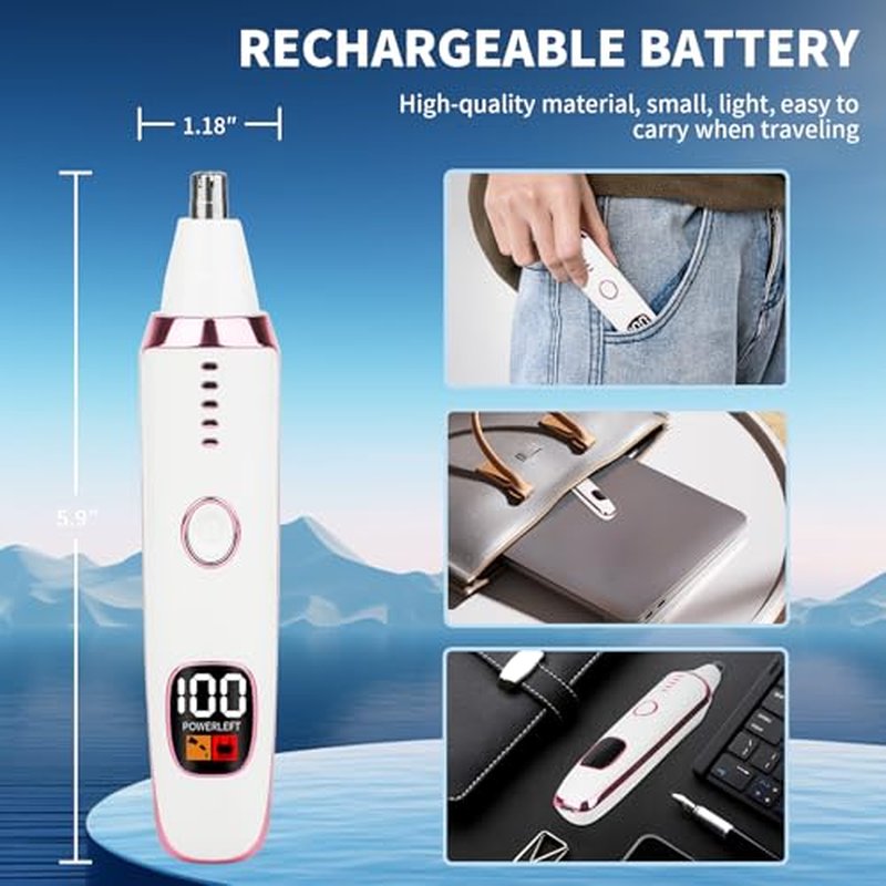 2025 Rechargeable Nose and Ear Hair Trimmer with LED Dispaly for Women Men,4 in 1 Painless Eyebrow & Facial Hair Trimmer with Powerful Motor,Ladies Wet & Dry Electric Razor (White)
