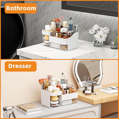 Cq Acrylic White Large Makeup Organizer with 3 Drawers – Countertop Storage for Beauty Products, Brushes, Palettes