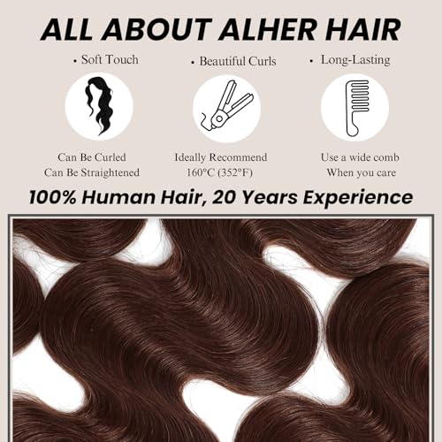 ALHER Chocolate Brown 14-Inch 13x4 HD Lace Frontal Closure Human Hair Body Wave, Pre-Plucked with Baby Hair