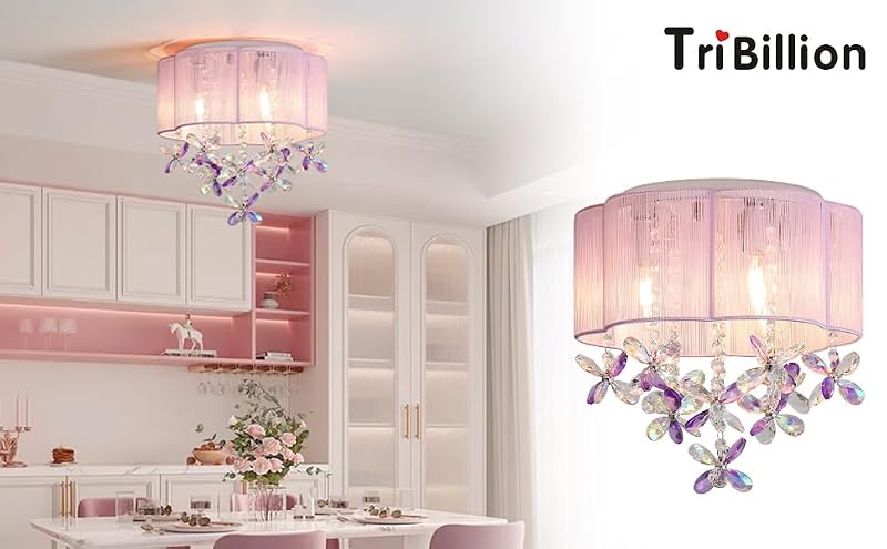 Purple 13-Inch Handmade Crystal Mini Chandelier for Girls Bedroom - Flush Mount Ceiling Light