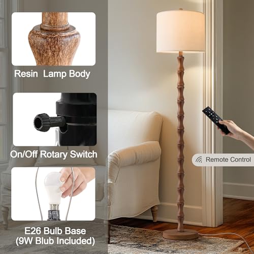 62-Inch Rustic Farmhouse Floor Lamp with Remote & Dimmable Bulb - Warm Brown