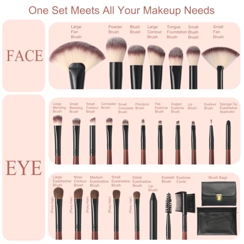 Makeup Brushes Set with 2 PU-Leather Bags - 26 Pieces, Red - Brushes and Bags
